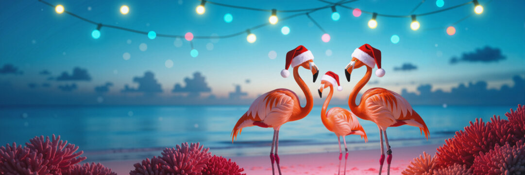 Three cheerful flamingos wearing Santa hats celebrating Christmas by the beach with colorful lights and coral, festive concept of holiday decor or tropical events