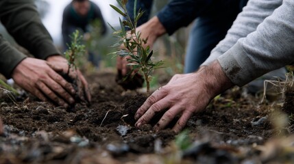 Tree planting event, green teamwork, hands in soil, eco care, sustainable habits, community effort for nature’s future 