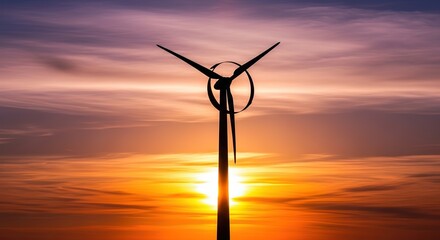Dramatic silhouette of a modern wind turbine against a stunning sunset sky symbolizing sustainable energy and forward-thinking innovation in power generation