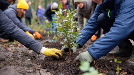 Tree planting event, green teamwork, hands in soil, eco care, sustainable habits, community effort for nature’s future 