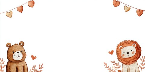 Fototapeta premium Whimsical Watercolor Animals with Heart Garland Banner Illustration for Lovely Backgrounds