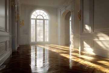 Fototapeta premium Elegant, empty room in a classic home has white wainscoting and polished floors. Golden sunlight streams in through a large, grand arched window.