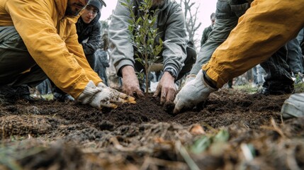 Tree planting event, green teamwork, hands in soil, eco care, sustainable habits, community effort for nature’s future 