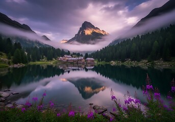 Majestic mountain peak reflected in a calm lake surrounded by pine trees and purple flowers at sunrise