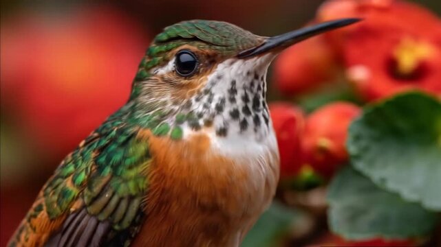 Close up of a hummingbird with vibrant plumage and red flowers background