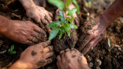 Tree planting event, green teamwork, hands in soil, eco care, sustainable habits, community effort for nature’s future 