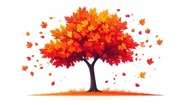 Flat Design Tree With Red and Orange Heart Shaped Leaves on White Background in Minimalist Style Vector Illustration