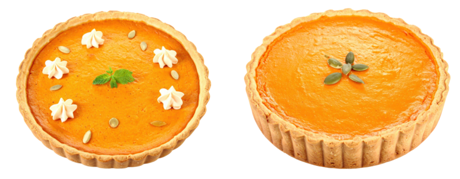 Two Pumpkin Pies with Orange Filling on Crusts Featuring Decorative Whipped Cream and Seed Garnish against Transparent Background - Powered by Adobe
