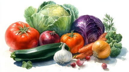 Watercolor artwork of vegetables like tomato, zucchini, cabbage, broccoli, carrot, garlic, onion, and squash, hand-painted style 