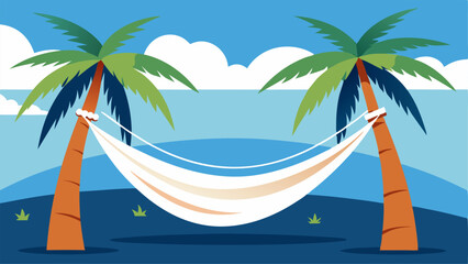 A hammock strung between two palm trees with gauzy curtains billowing in the tropical breeze.