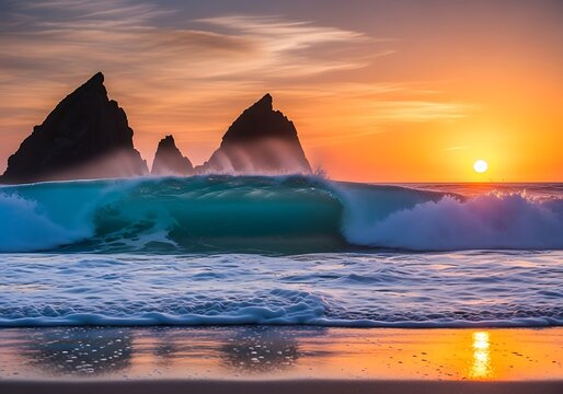 Dramatic ocean sunset with powerful waves crashing against rugged rock formations, casting a warm glow on the wet sandy beach