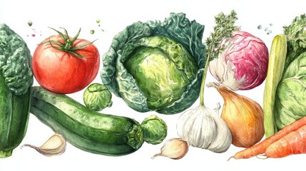 Watercolor artwork of vegetables like tomato, zucchini, cabbage, broccoli, carrot, garlic, onion, and squash, hand-painted style 