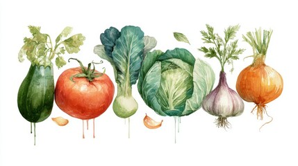 Watercolor artwork of vegetables like tomato, zucchini, cabbage, broccoli, carrot, garlic, onion, and squash, hand-painted style 
