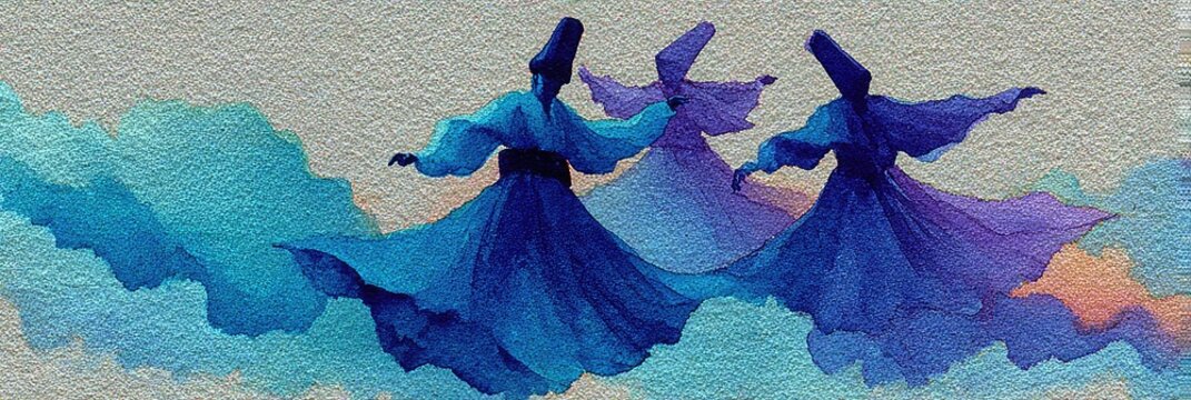 Mystical Whirling Dervish Illustration in Abstract Blue Wash