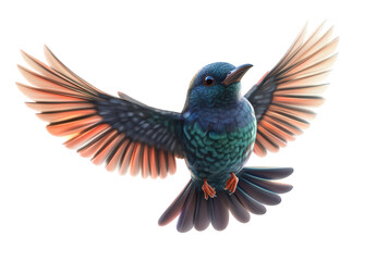 Naklejka premium A vibrant hummingbird, isolated on transparent background, spreads its wings in midflight, showcasing a stunning array of colors and intricate feather details