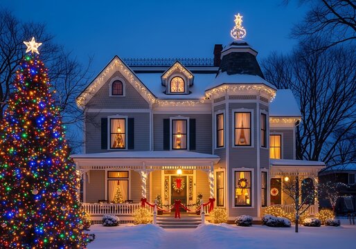 A charming victorianstyle house adorned with festive christmas lights and decorations, with a snowcovered lawn and a decorated tree