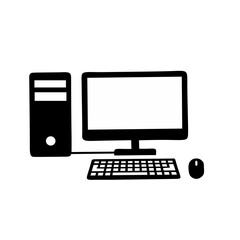 Fototapeta premium Classic black silhouette icon of a desktop computer setup with monitor, CPU tower, keyboard, and mouse. Ideal for technology, office, and digital vector graphics.