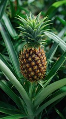 Fototapeta premium Fresh, ripe pineapple growing on its plant, surrounded by green leaves