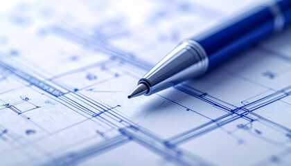 Blueprint with a Pen: A pen delicately rests upon detailed blueprints, hinting at the careful planning and precise execution necessary for a project's success.