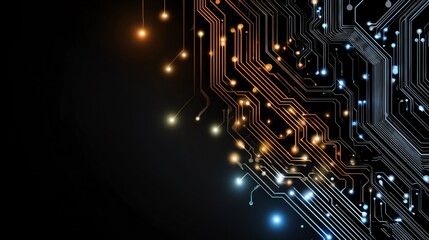 Obraz premium A close-up view of a circuit board showcasing intricate pathways and glowing lights. This image represents innovation and the complexity of modern technology.