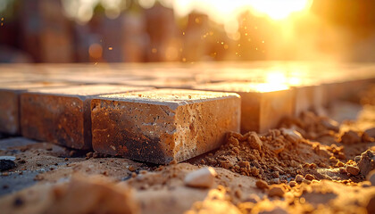 Brick paving under Sunlight: close-up view of a brick walkway being built on a bed of sand. The sunlight casting a warm glow over the textured surface. 