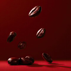 Coffee beans falling, red background, for food blogs and coffee packaging design