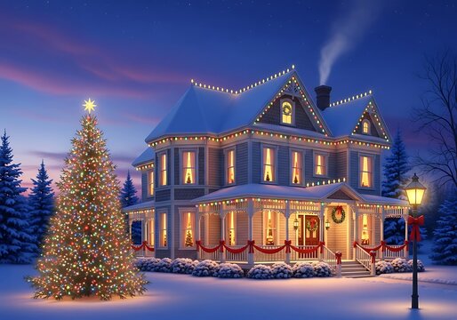 Festive snowcovered victorian house adorned with christmas lights and a decorated tree at dusk