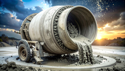 Cement Mixer in Action: A close-up shot capturing the powerful concrete mixer in operation, a symbol of progress and industry, with an eye-level perspective.