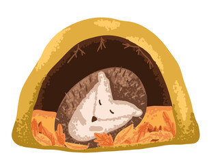 Cute hedgehog sleeping in den hole. Wild animal hollow in forest drawn in flat style