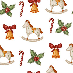Christmas seamless pattern with bell, horse toy and mistletoe red berry in flat style