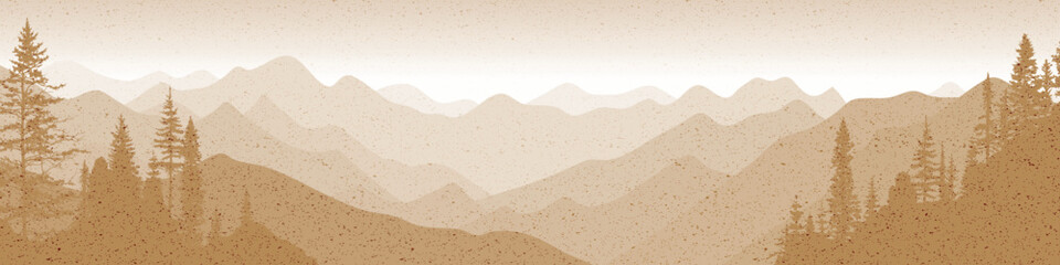 Sunrise in the mountains, sepia shades, retro effect, ridge gradients and trees, vector illustration, panoramic view
