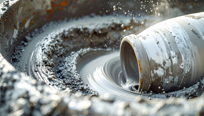 Rotary Drilling: A close-up of a high-powered rotary drilling machine in action, boring into a mass of grey cement, offering a detailed look at the mechanics and impact of the process.