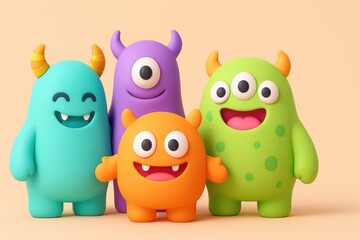 Fototapeta premium Group of adorable colorful friendly cartoon monsters with big eyes and horns