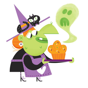 Cute Green Witch Character Baking Halloween Cupcake with Black Cat and Ghost Vector