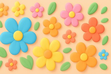 Vibrant colorful spring flowers and green leaves pattern on a light background