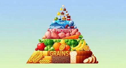 Healthy food pyramid displaying grains, fruits, vegetables, protein, and sweets for balanced nutrition, perfect for diet guides and educational content
