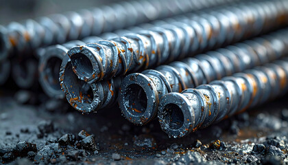 Iron Bars for Construction: Close-up shot of weathered, industrial-grade iron bars. These sturdy elements await their destiny, their texture a testament to their raw power.