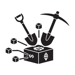 Black and White Glyph of Mining Tools and Digital Currency Block