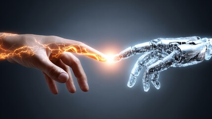 A striking visual representation of the connection between human and artificial intelligence, showcasing a spark of innovation and collaboration in a digitally evolving world.