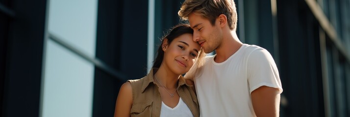 Young caucasian male embraces asian female; outdoor affectionate moment