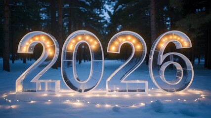 Large clear ice sculpture displaying the number 2026 surrounded by snow and warm festive lights in a dark winter landscape - Powered by Adobe