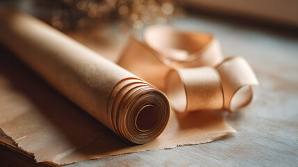 Rolled craft paper and ribbon on wooden surface with soft lighting for creative projects