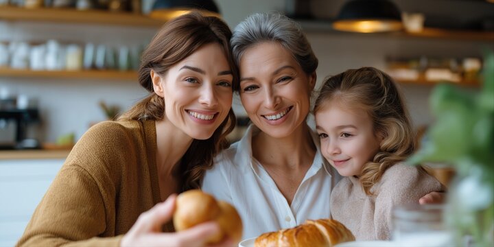 Caucasian family moment with three generations of females sharing breakfast