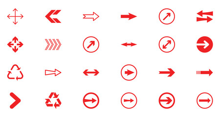 Set red arrows for web design. Arrows vector icon. Arrow icon. Set of big red vector arrows. Cursor, click sign. Arrow icon pack illustration.