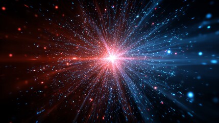 A stunning visual representation of cosmic energy radiating in vibrant red and blue hues, symbolizing the mysteries of the universe and the interplay of light among stars.