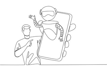 Single continuous line drawing a man holding a smartphone with a robot coming out of the screen. Technology made easy. Care. International Virtual Assistants Day. One line design vector illustration