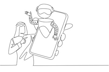 Single one line drawing Arab man holding a smartphone with a robot coming out of the screen. Customer convenience. International Virtual Assistants Day. Continuous line design graphic illustration