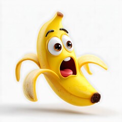 Funny cartoon banana character with wide eyes and open mouth expressing shock isolated on white background