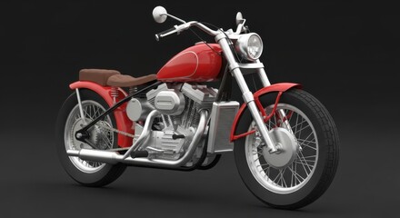 Classic red cruiser motorcycle with chrome engine isolated on a dark background