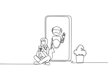 Single continuous line drawing woman sits cross legged holds a smartphone and big smartphone with robot. Customer care. Help. International Virtual Assistants Day. One line design vector illustration